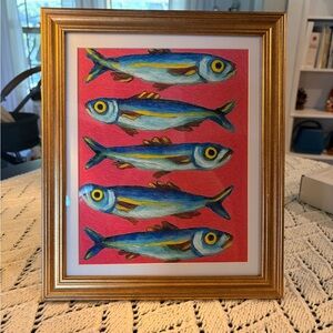 Framed Sardine Art Print 8x10 Pink Fish Wall Decor Gold Frame